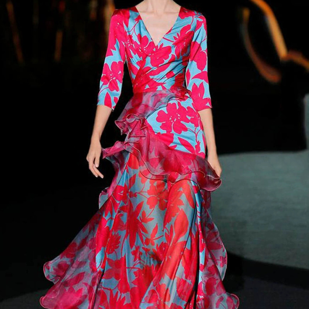 ZARA New Summer Chic Red Digital Print V Neck Long Sleeve Waisted Maxi Dress